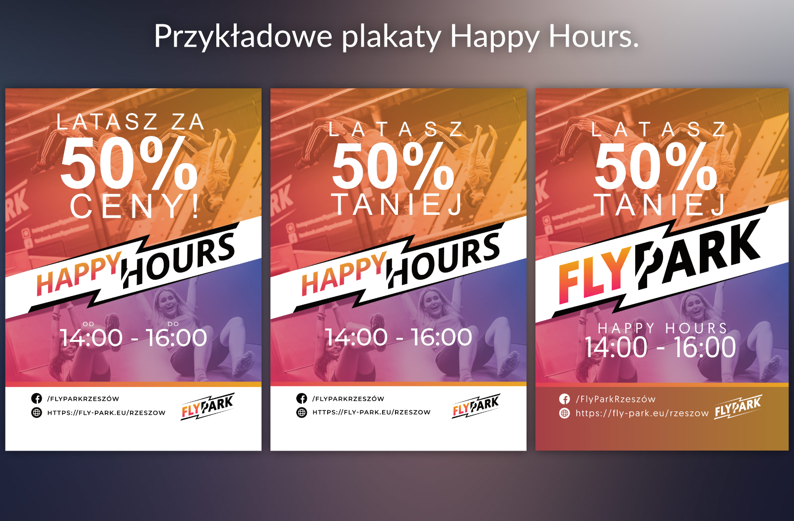 Przykładowe projekty plakatów, zastosowano się do zasad spisanych w brandbooku - logo happy hours stworzono na podstawie oryginalnego logo (Wykonano w Affinity Publisher).